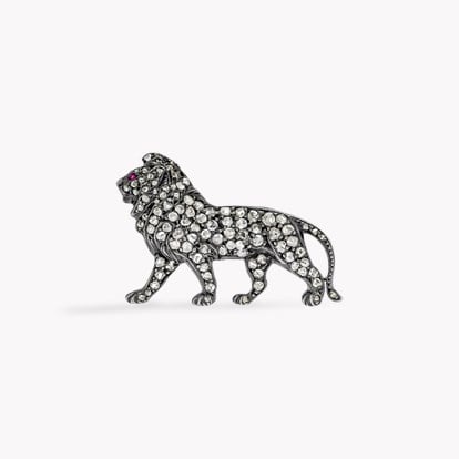 Belle Epoque Diamond and Ruby Lion Brooch in 18ct White Gold