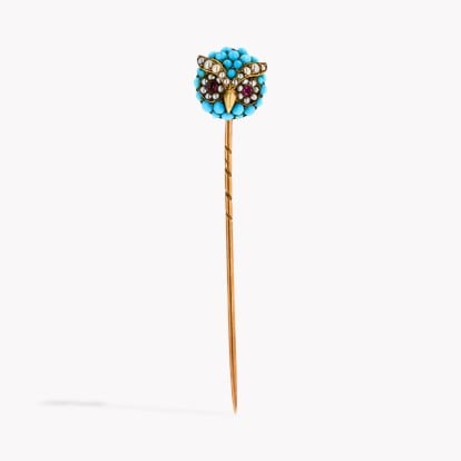 Belle Epoque Turquoise, Pearl and Ruby Owl's Head Stick Pin in 18ct Yellow Gold