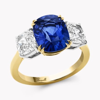 Cushion Cut 4.06ct Sri Lankan Sapphire Three Stone Ring in 18ct Yellow Gold