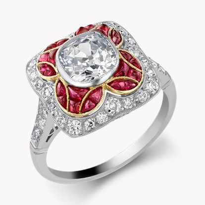 Cushion Cut 1.25ct Ruby and Diamond Cluster Ring in Platinum