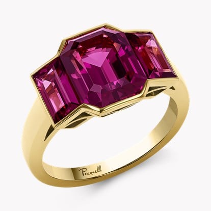 Kingdom 6.22ct Rhodolite Garnet Three Stone Ring in 18ct Yellow Gold 