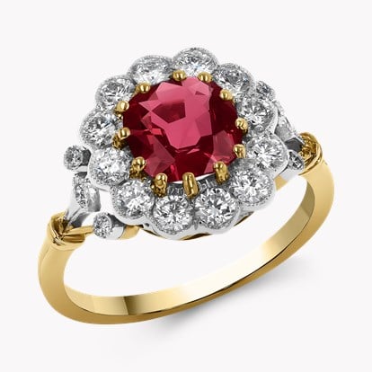 Edwardian Inspired Cushion Cut 1.17ct Ruby and Diamond Cluster Ring in 18ct Yellow Gold and Platinum