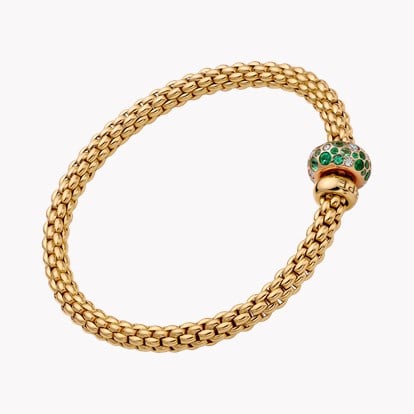 Fope Solo Flex'It Diamond and Emerald Bracelet 0.28ct in 18ct Yellow Gold