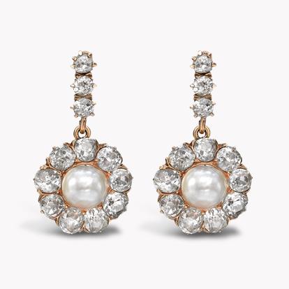 Victorian Natural Pearl & Diamond Earrings 3.80ct in 18ct Rose Gold