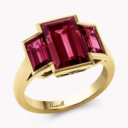 Kingdom 5.95ct Rhodolite Garnet Three Stone Ring in 18ct Yellow Gold