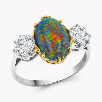 Edwardian Black Opal and Diamond 3 Stone Ring in Platinum and 18ct Yellow Gold 