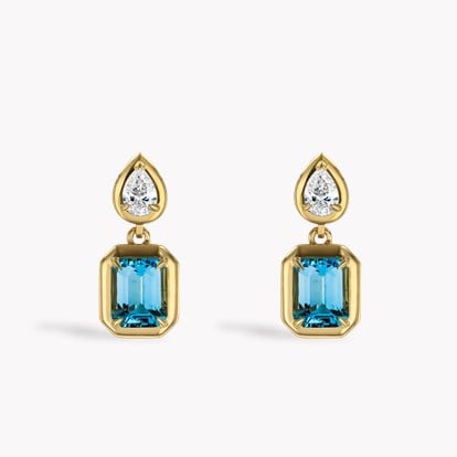 Skimming Stone 3.55ct Aquamarine and Diamond Drop Earrings in 18ct Yellow Gold