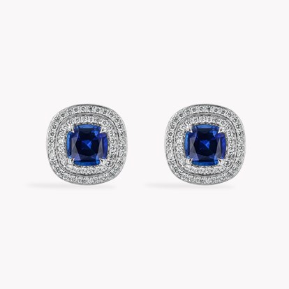 Cushion Cut 2.38cts Sapphire and Diamond Double Halo Earrings in 18ct White Gold