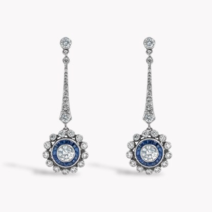 Brilliant Cut Diamond and Sapphire Drop Earrings in Platinum