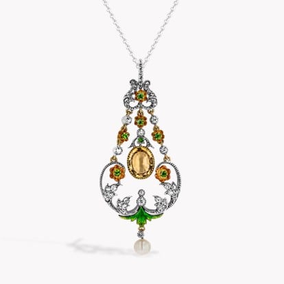 Belle Epoque Orange Topaz, Diamond, Enamel & Pearl Pendant in Silver and Gold