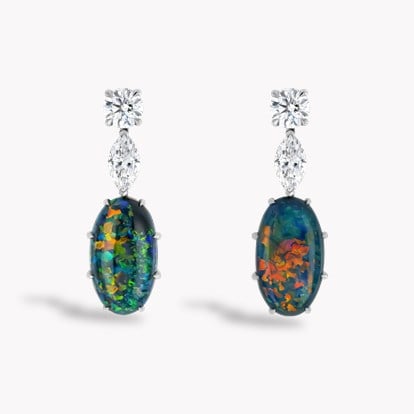 Cabochon Opal and Diamond Drop Earrings in 18ct White Gold 