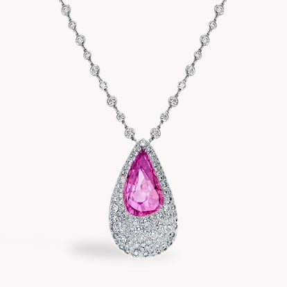 Snowstorm Pink Sapphire and Diamond Pearshape Pendant 5.30ct in 18ct White Gold