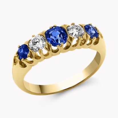 Victorian 1.30ct Sapphire and Diamond Five Stone Ring in 18ct Yellow Gold