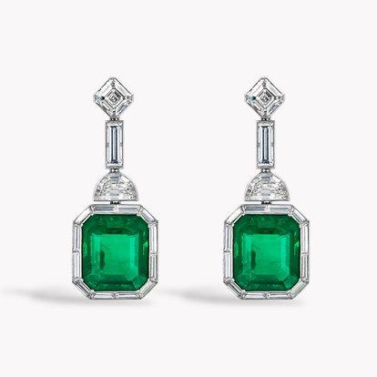 Masterpiece 14.07cts Colombian Emerald and Diamond Art Deco Inspired Drop Earrings in Platinum