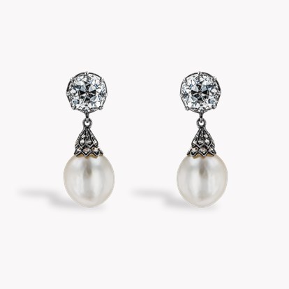 Victorian 2.80ct Saltwater Pearl and Diamond Drop Earrings in 18ct Yellow and White Gold