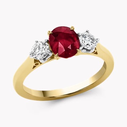 Oval Cut 1.28ct Ruby and Diamond Three Stone Ring in 18ct Yellow Gold