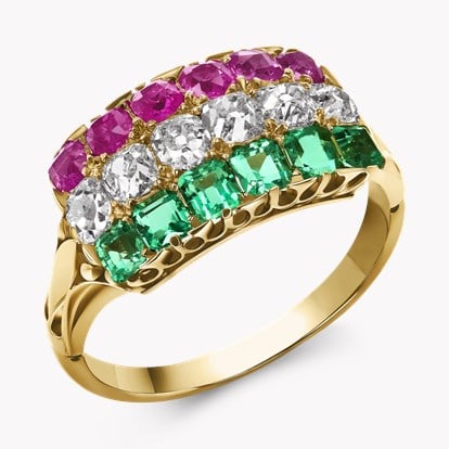 Three Row Ruby, Diamond and Emerald Ring in 18ct Yellow Gold