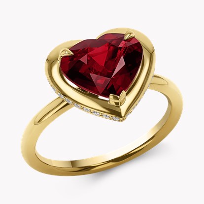 Skimming Stone 3.01ct Heartshape Mozambique Ruby and Diamond Ring in 18ct Yellow Gold