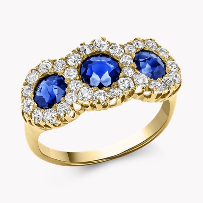 Old Cut Sapphire and Diamond Three Stone Ring in 18ct Yellow Gold - Old ...