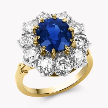 Cushion Cut 4.147ct Kashmir Sapphire Cluster Ring in 18ct Yellow Gold