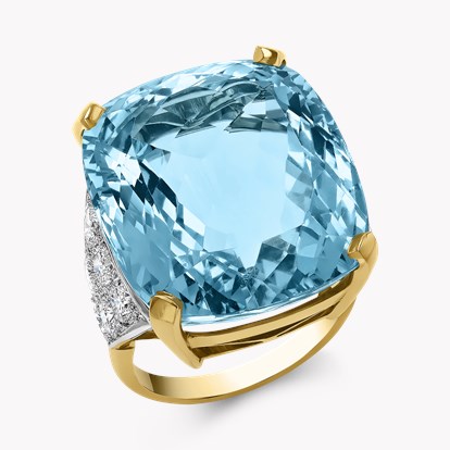 Cushion Cut 33.20ct Aquamarine and Diamond Solitaire Ring in 18ct Yellow Gold