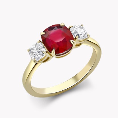 Mozambique 2.30ct Pigeon Blood Ruby and Diamond Three Stone Ring in 18ct Yellow Gold 