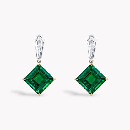 Square Cut Zambian Emerald and Diamond Drop Earrings in 18ct White & Yellow Gold