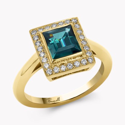 Square Cut 1.43ct Namibian Indicolite Tourmaline and Diamond Ring in 18ct Yellow Gold 