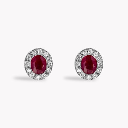 Oval Cut 1.70ct Ruby and Diamond Cluster Earrings in 18ct White Gold 1.70ct in 18ct White Gold