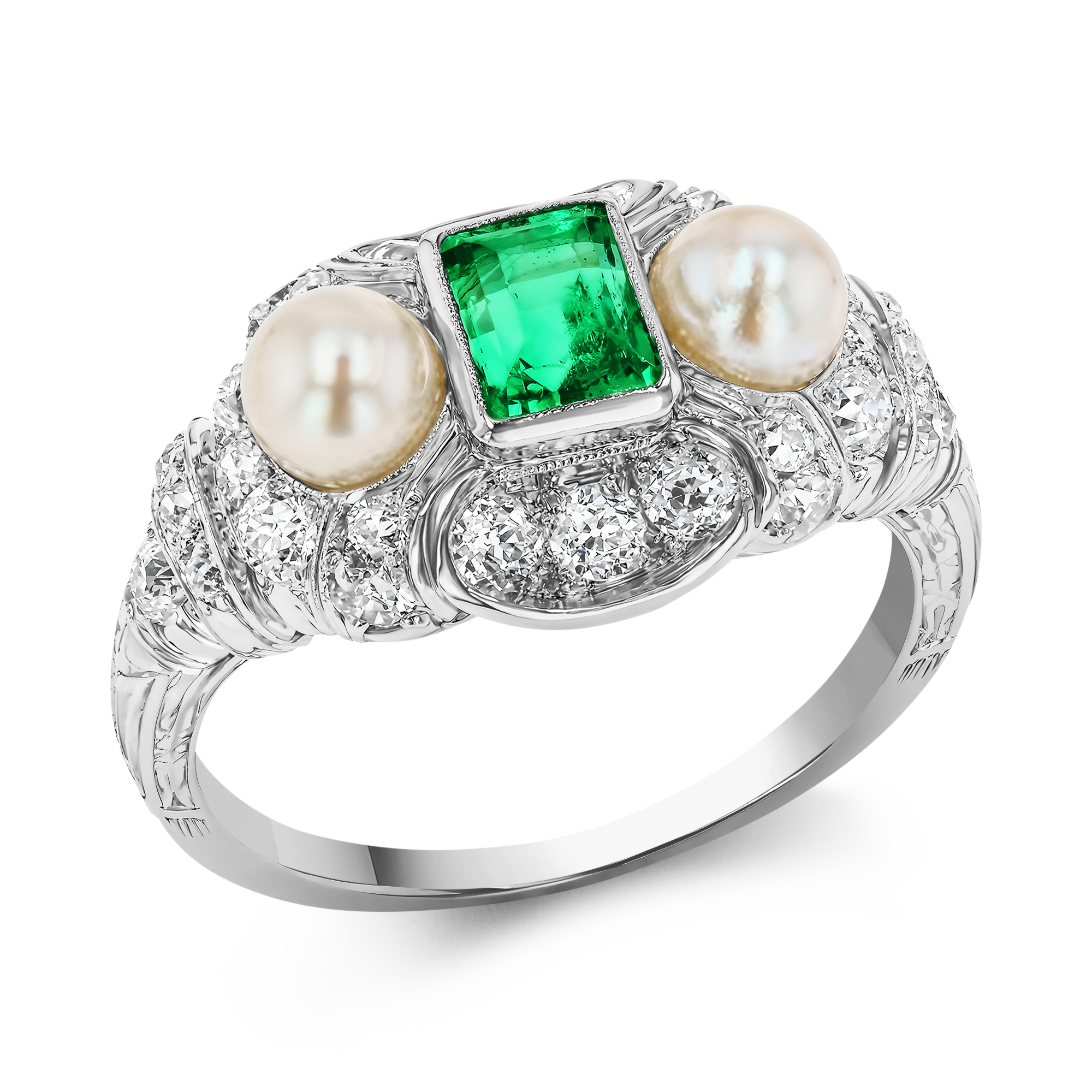 Edwardian 0.46ct Emerald Cut Emerald, Pearl and Diamond Ring Emerald Cut, Millegrain Set_1