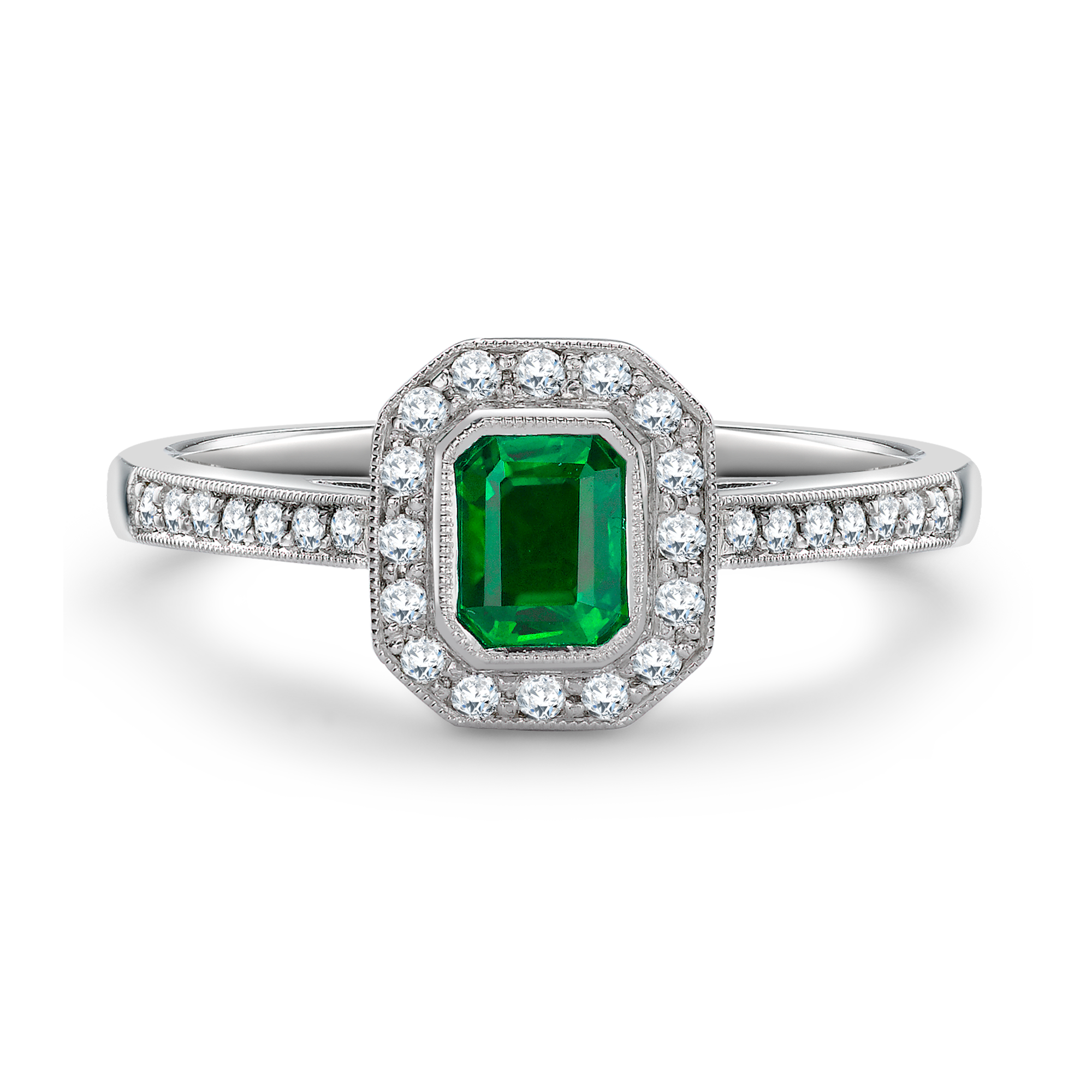 Octagonal Cut Emerald Ring Cluster Ring with Diamond Shoulders_2