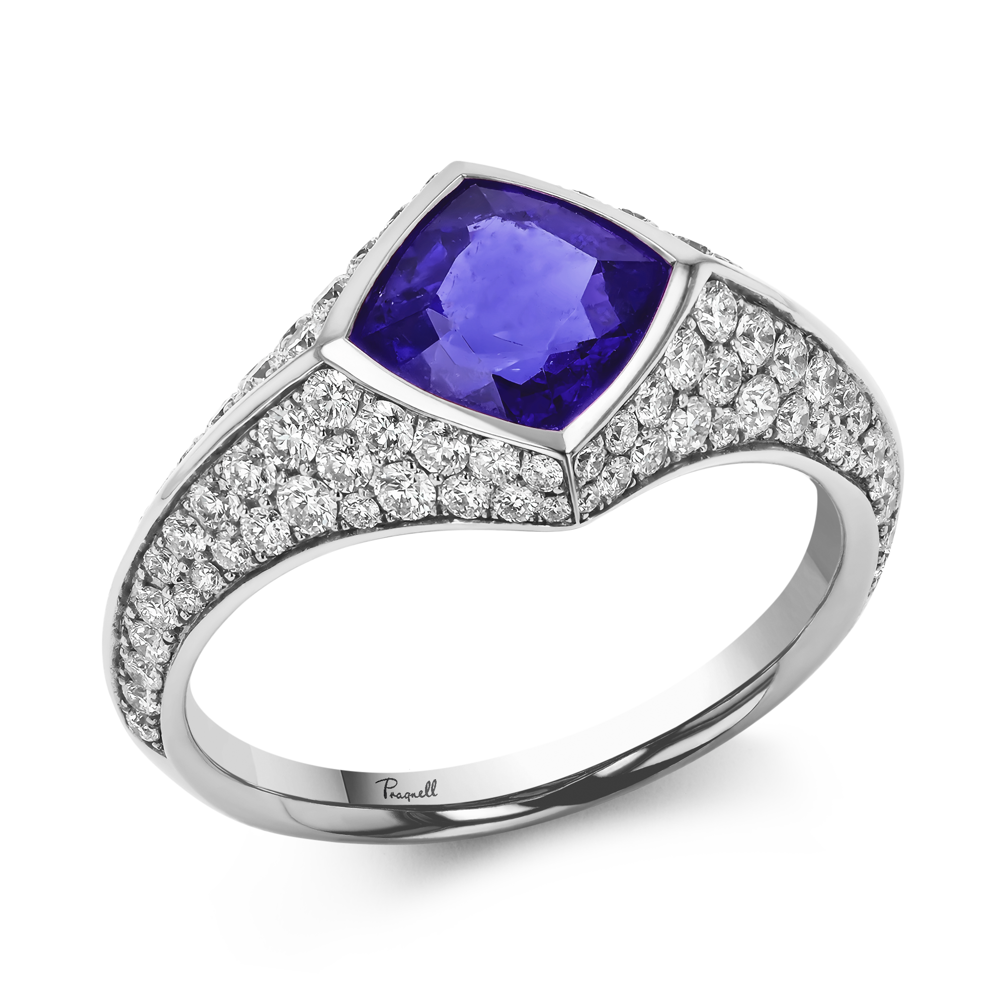 Square Cut 1.18ct Tanzanite and Diamond Ring in 18ct White Gold Square Cut, Rubover Set_1