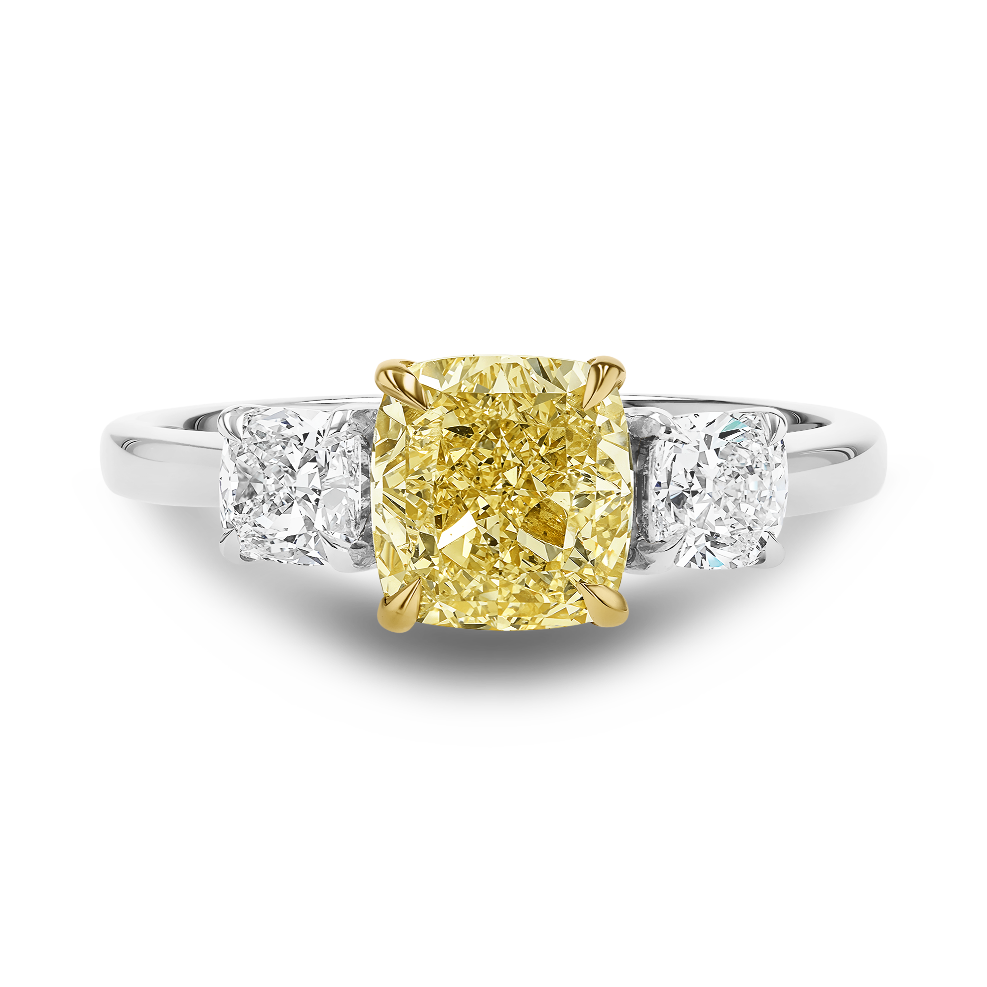 Cushion Cut 1.66ct Fancy Yellow Diamond Three Stone Ring Cushion modern cut, Claw set_2