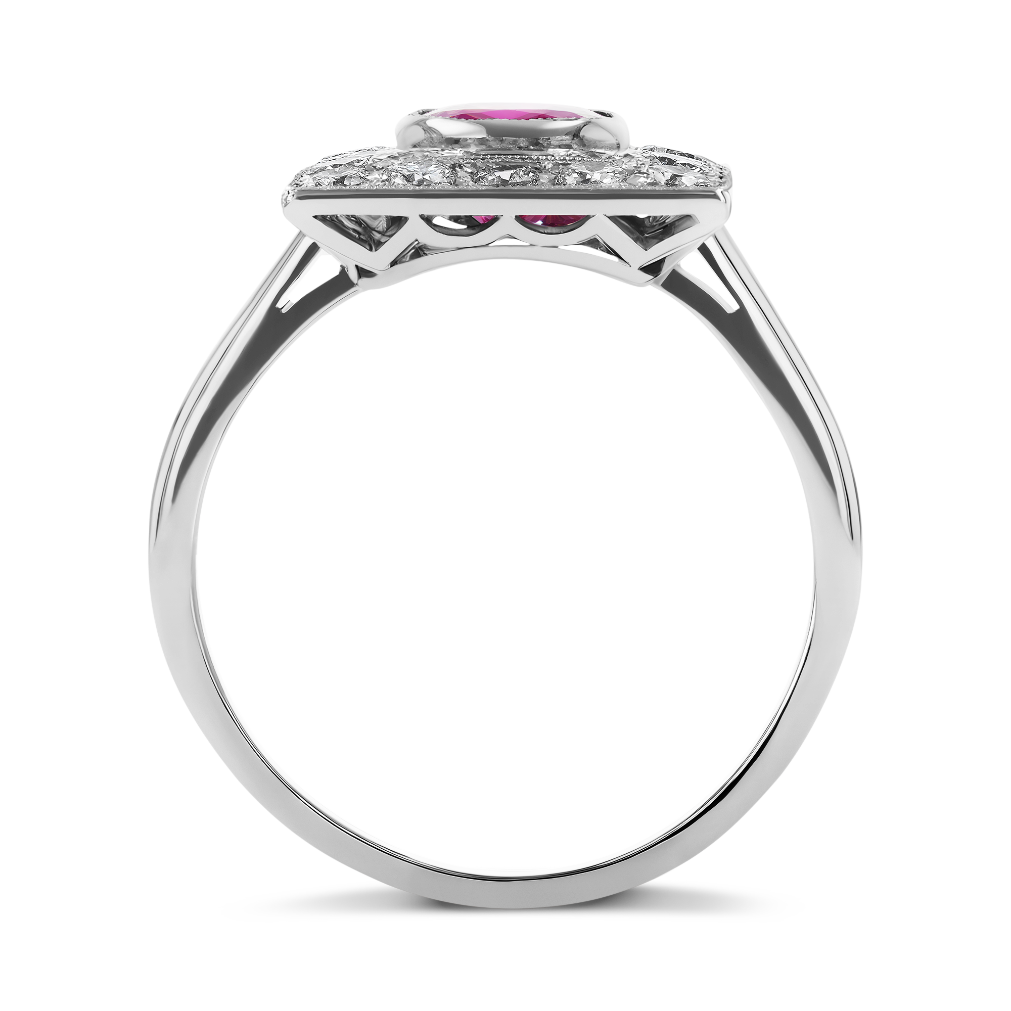 Art Deco 1.30ct Burmese Ruby and Diamond Plaque Ring Cushion Antique Cut, Millegrain_3