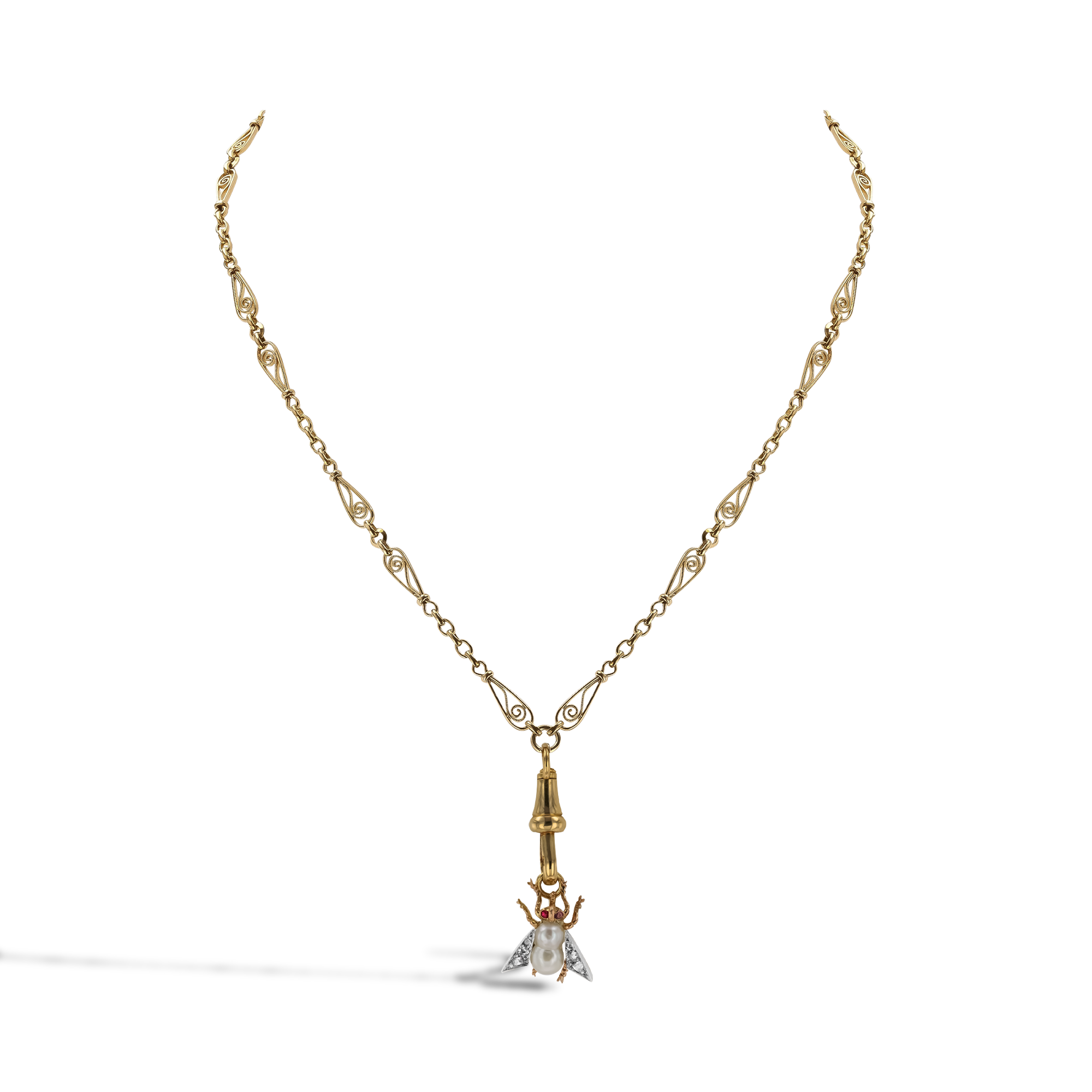 Edwardian Pearl and Diamond Fly Clip Pendant Rose Cut, Claw Set_2