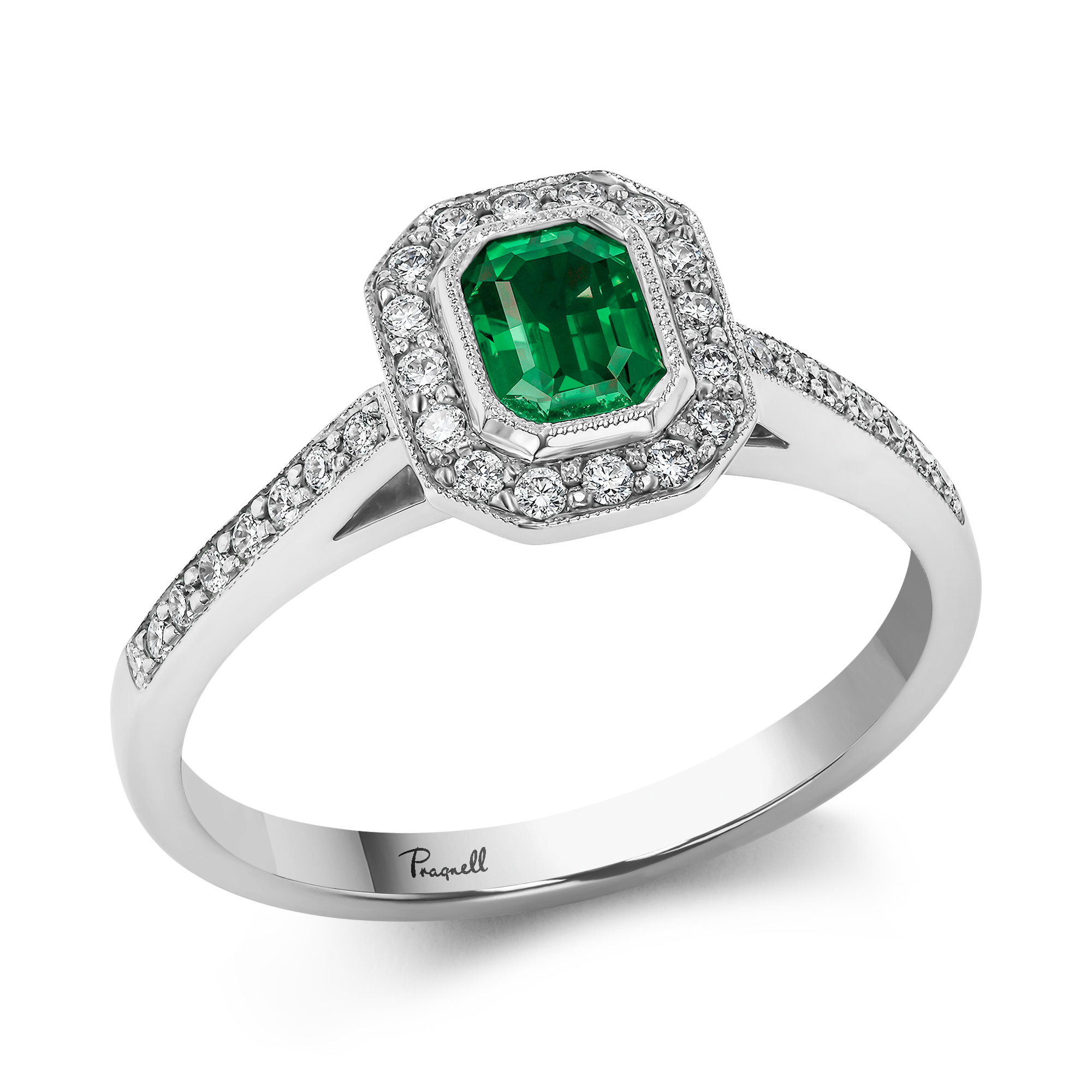 Octagonal Cut Emerald Ring Cluster Ring with Diamond Shoulders_1