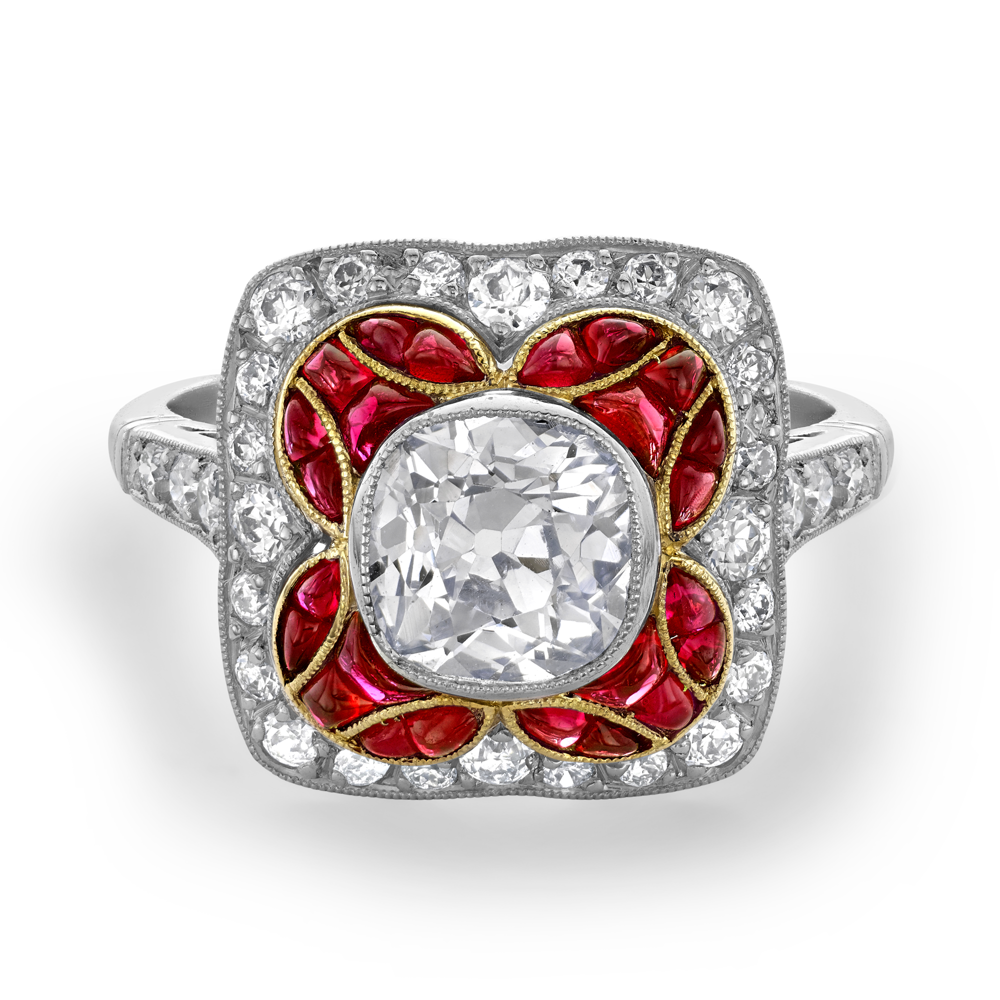 Cushion Cut 1.25ct Ruby and Diamond Cluster Ring Cushion Cut, Millegrain Set_2