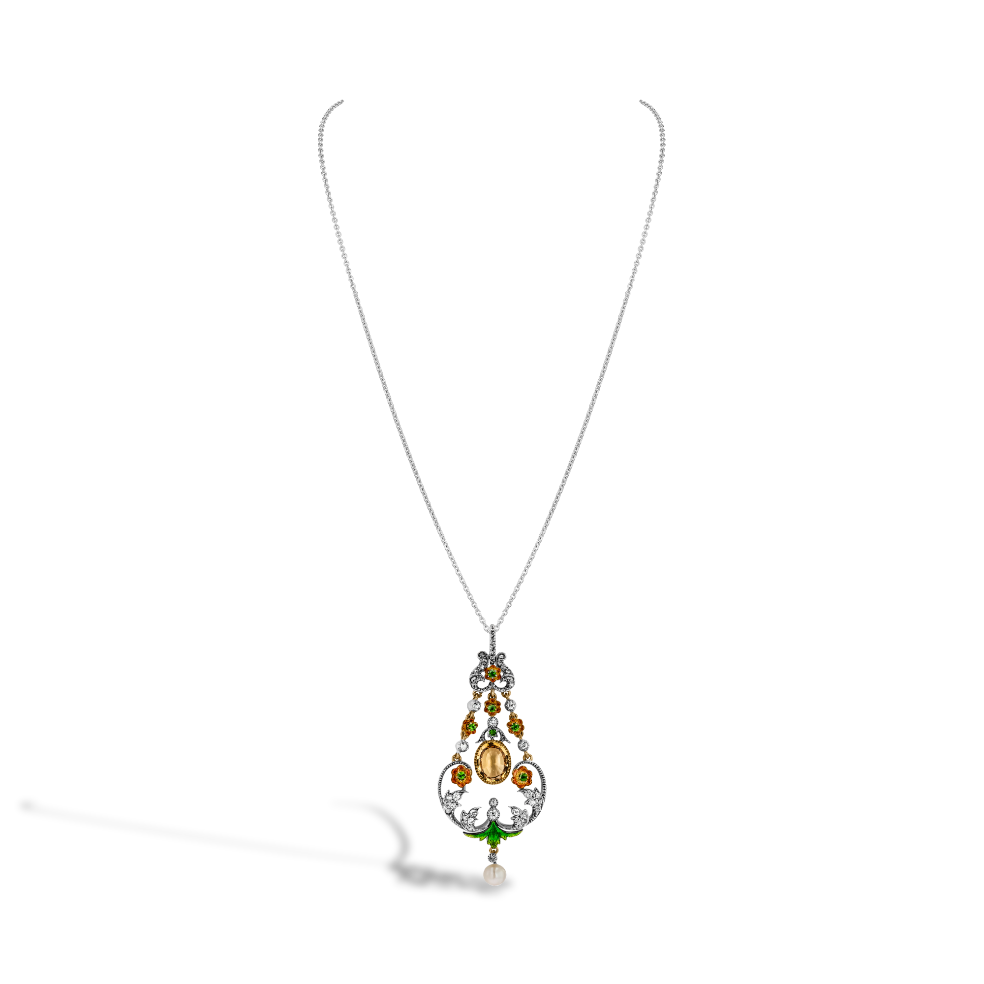 Belle Epoque Orange Topaz, Diamond, Enamel & Pearl  Pendant Oval Cut, Millegrain Set_2