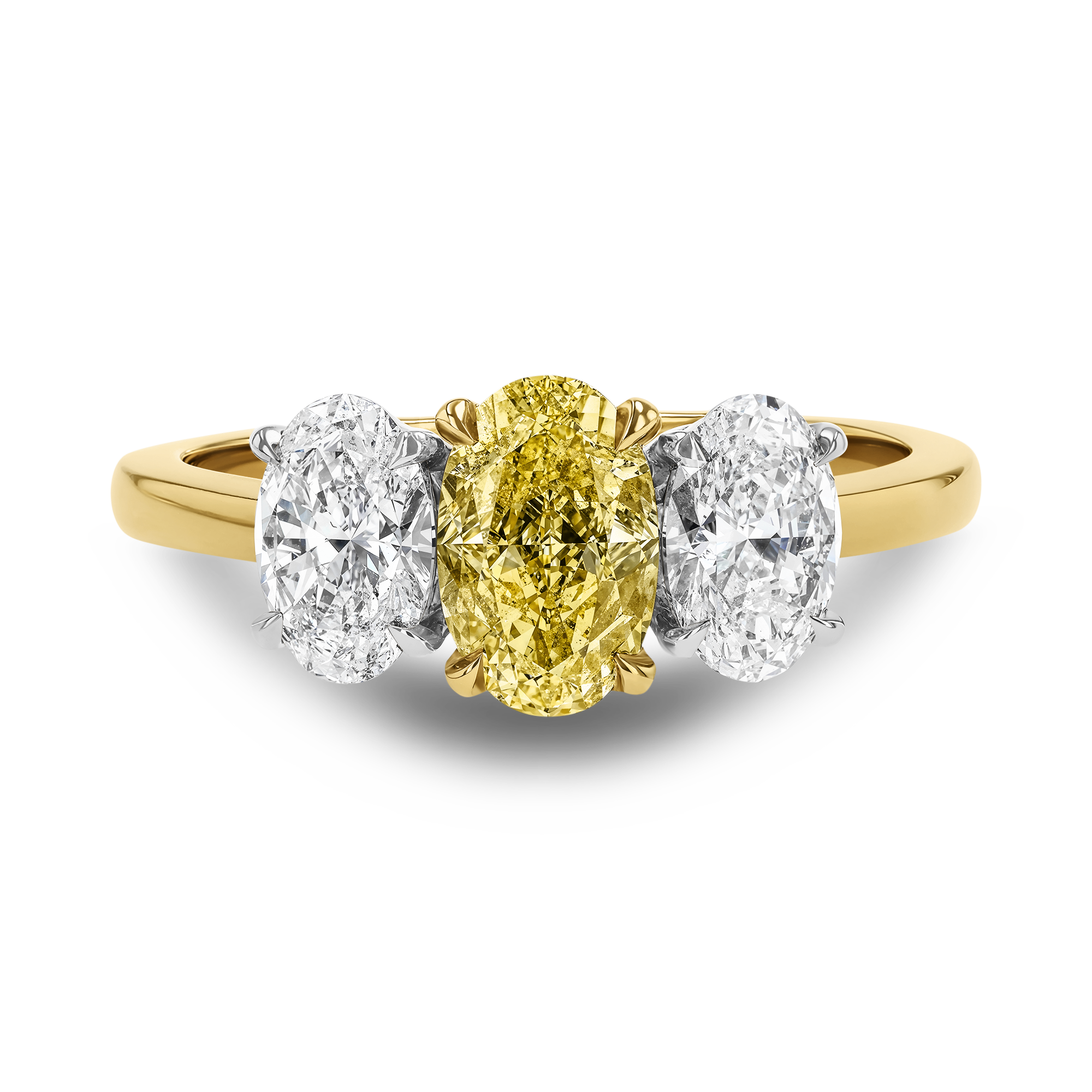 Oval Cut 1.01ct Kimberley Fancy Intense Yellow Diamond Three Stone Ring Oval Cut, Claw Set_2