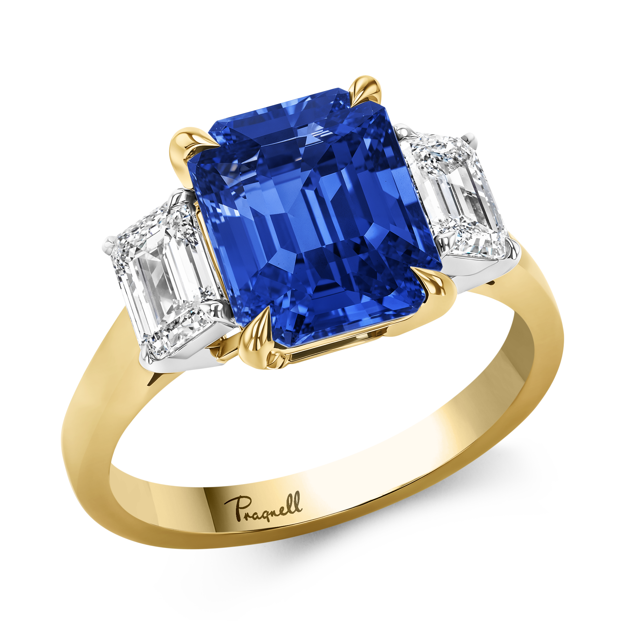 Sri Lankan 4.40ct Sapphire and Diamond Three Stone Ring Octagon Cut, Claw Set_1