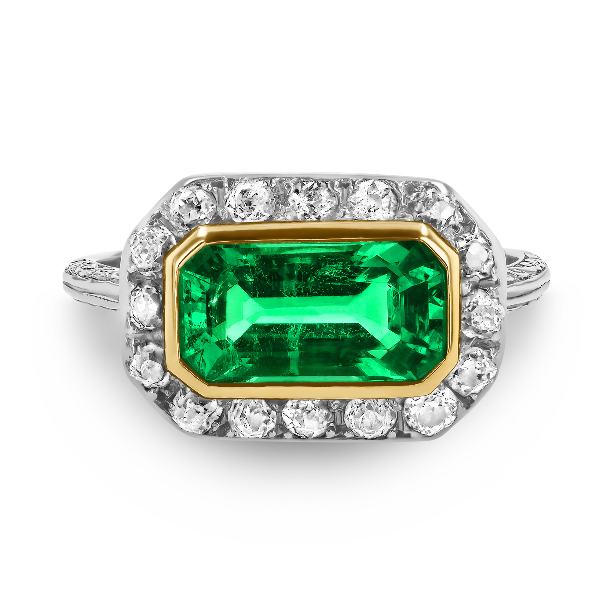 Edwardian 1.90ct Muzo Emerald and Diamond Cluster Ring Octagon Cut, Rubover Set_2