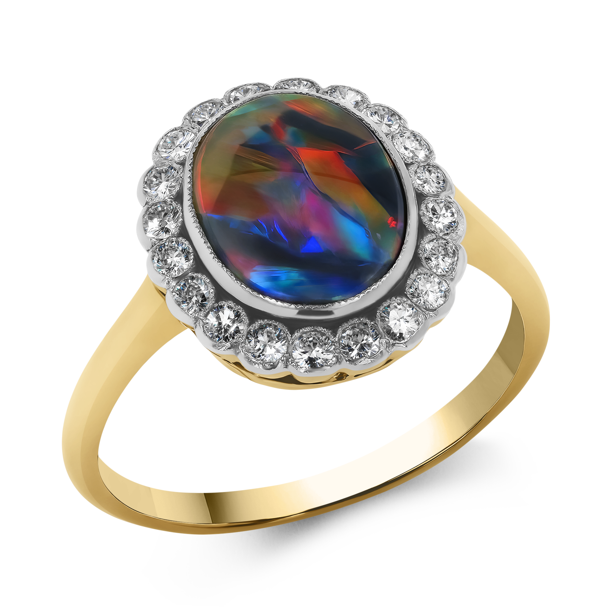 Edwardian Opal and Diamond Cluster Ring Oval Cut, Rubover Set_1