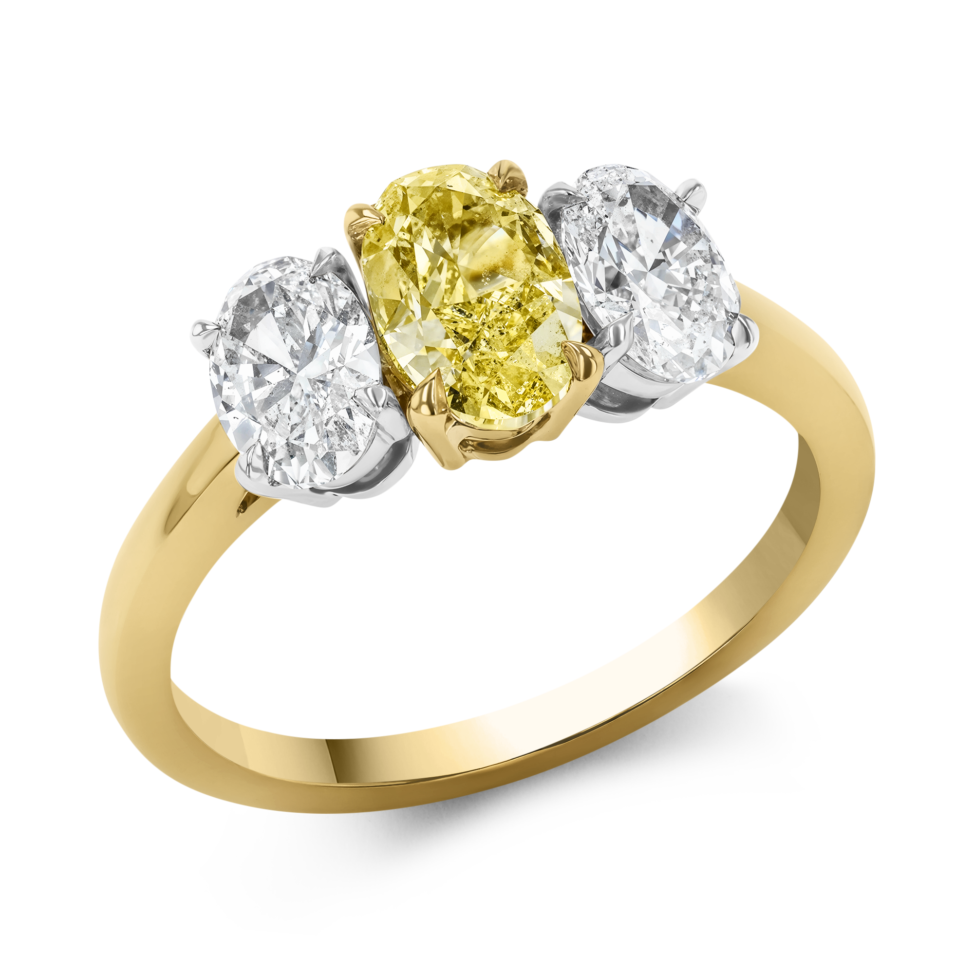 Oval Cut 1.01ct Kimberley Fancy Intense Yellow Diamond Three Stone Ring Oval Cut, Claw Set_1