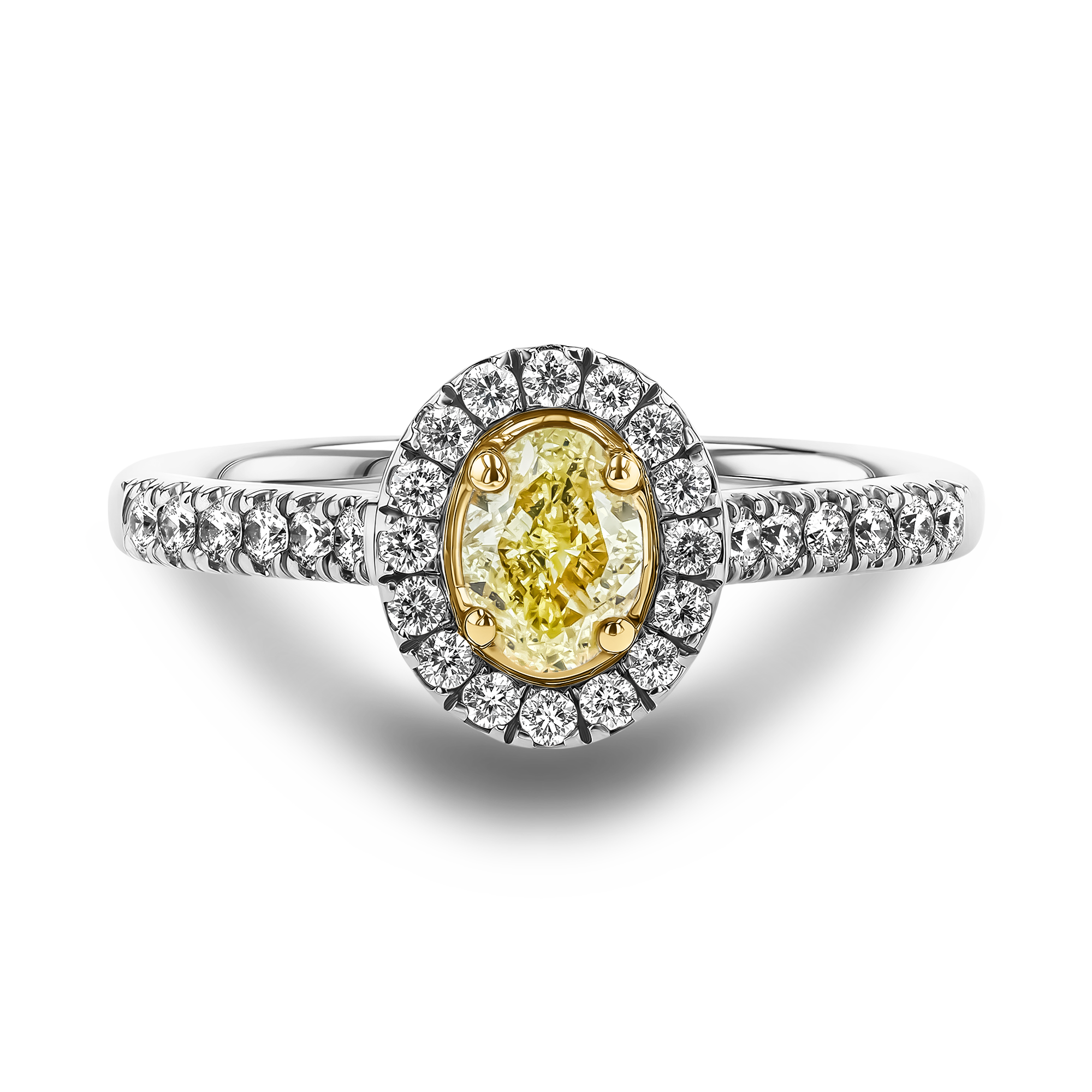 Fancy Yellow Diamond Cluster Ring with Diamond Surround and Shoulders Oval Cut, Four Claw Set_2