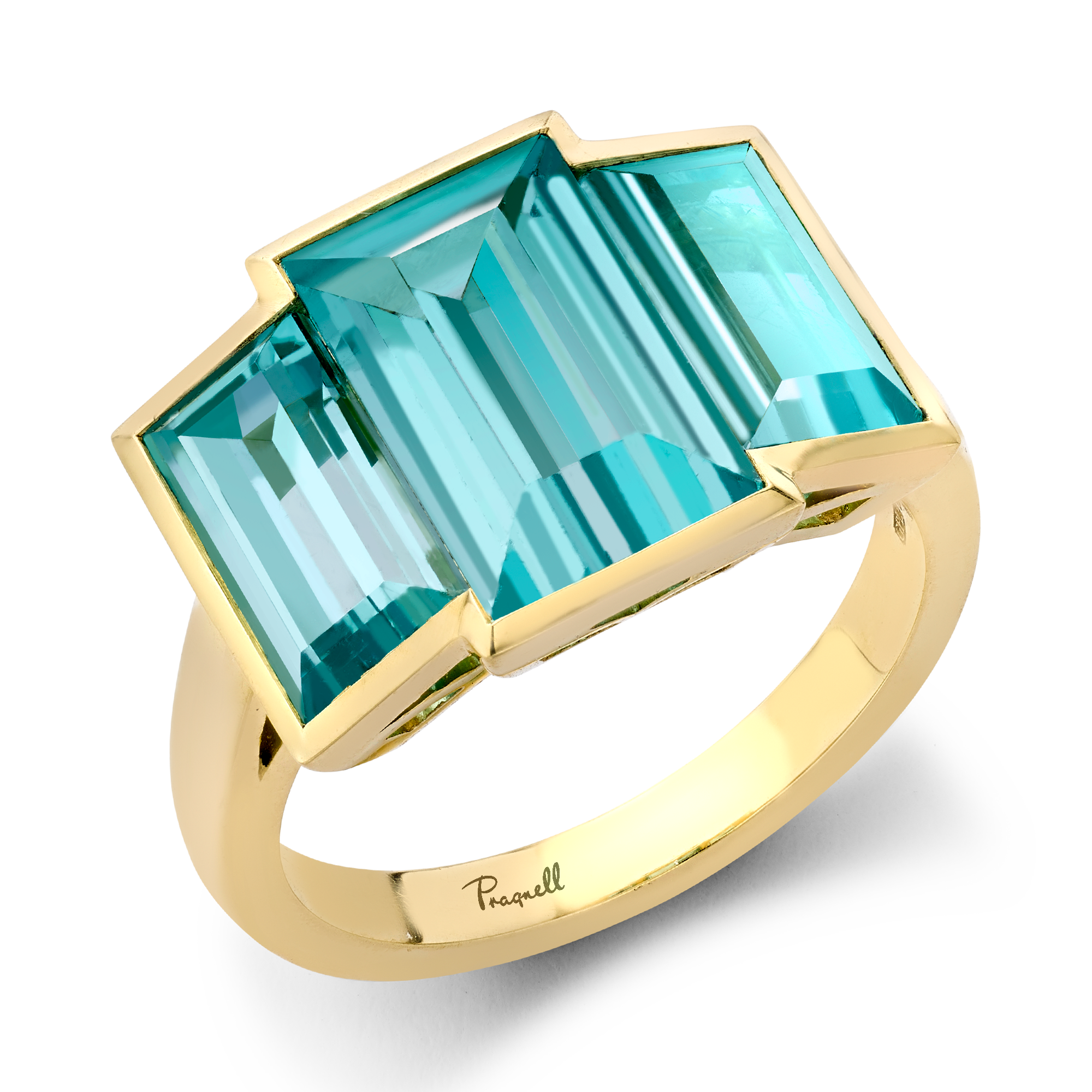 Masterpiece Kingdom 6.06ct Paraiba Tourmaline Three Stone Ring Baguette Cut, Rubover Set_1