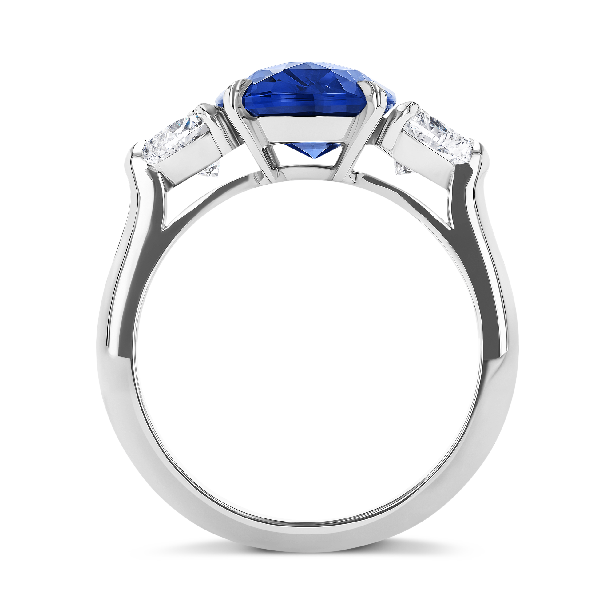 Venus Setting 4.66ct Sri Lankan Sapphire and Diamond Three Stone Ring Oval & Heart Cut, Claw Set_3