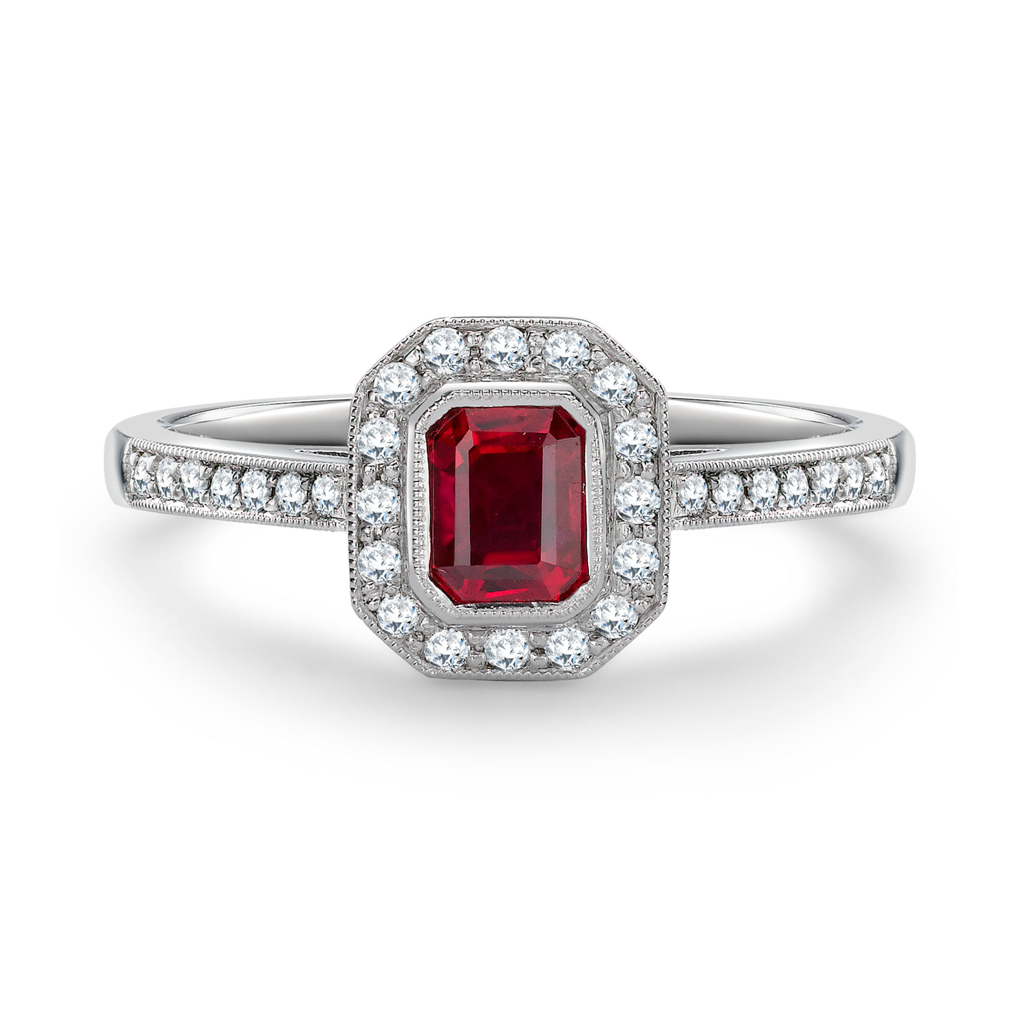 Octagonal Cut Ruby Ring Cluster Ring with Diamond Shoulders_1