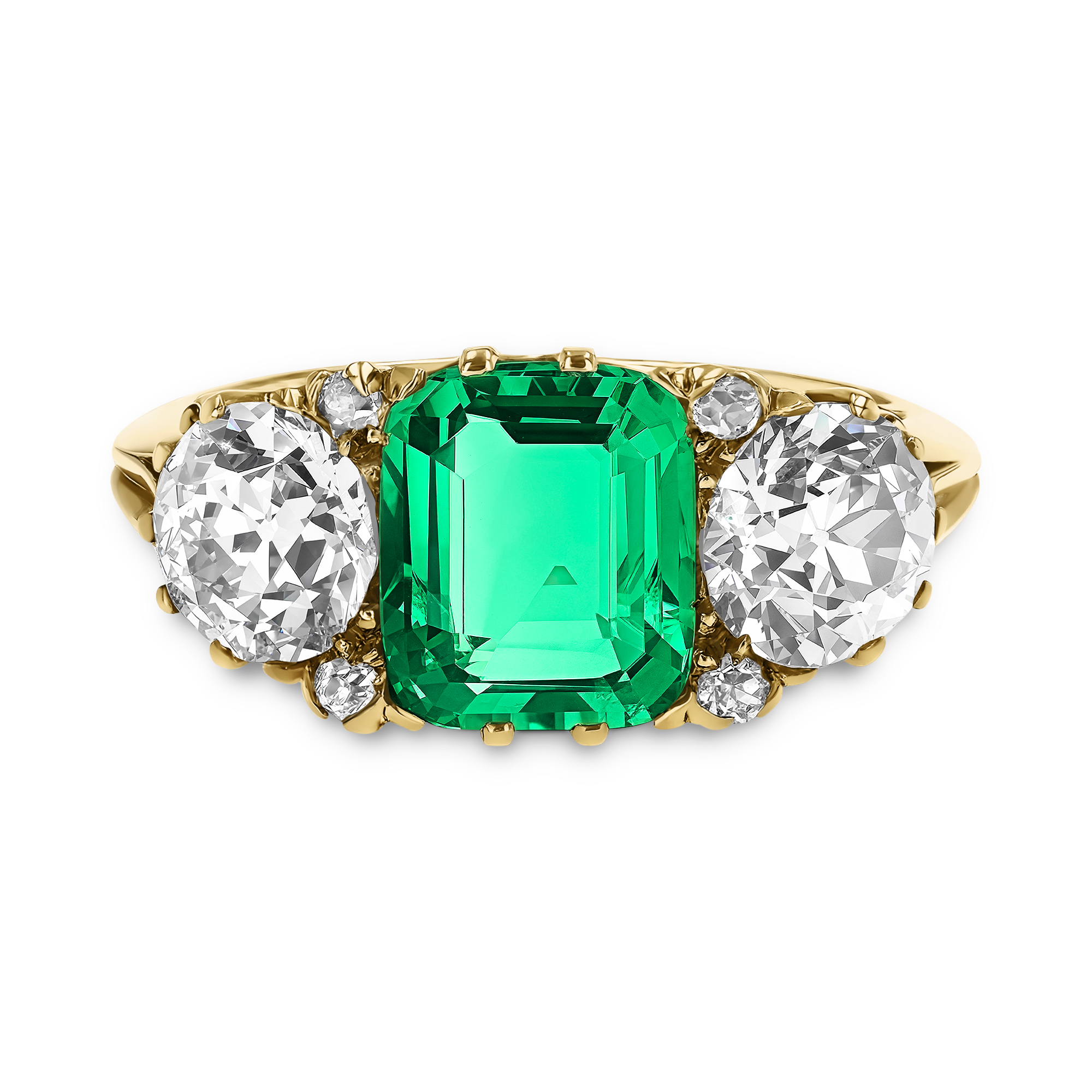 Victorian 2.00ct Emerald and Diamond Three Stone Ring Octagonal & Old European Cut, Claw Set_2