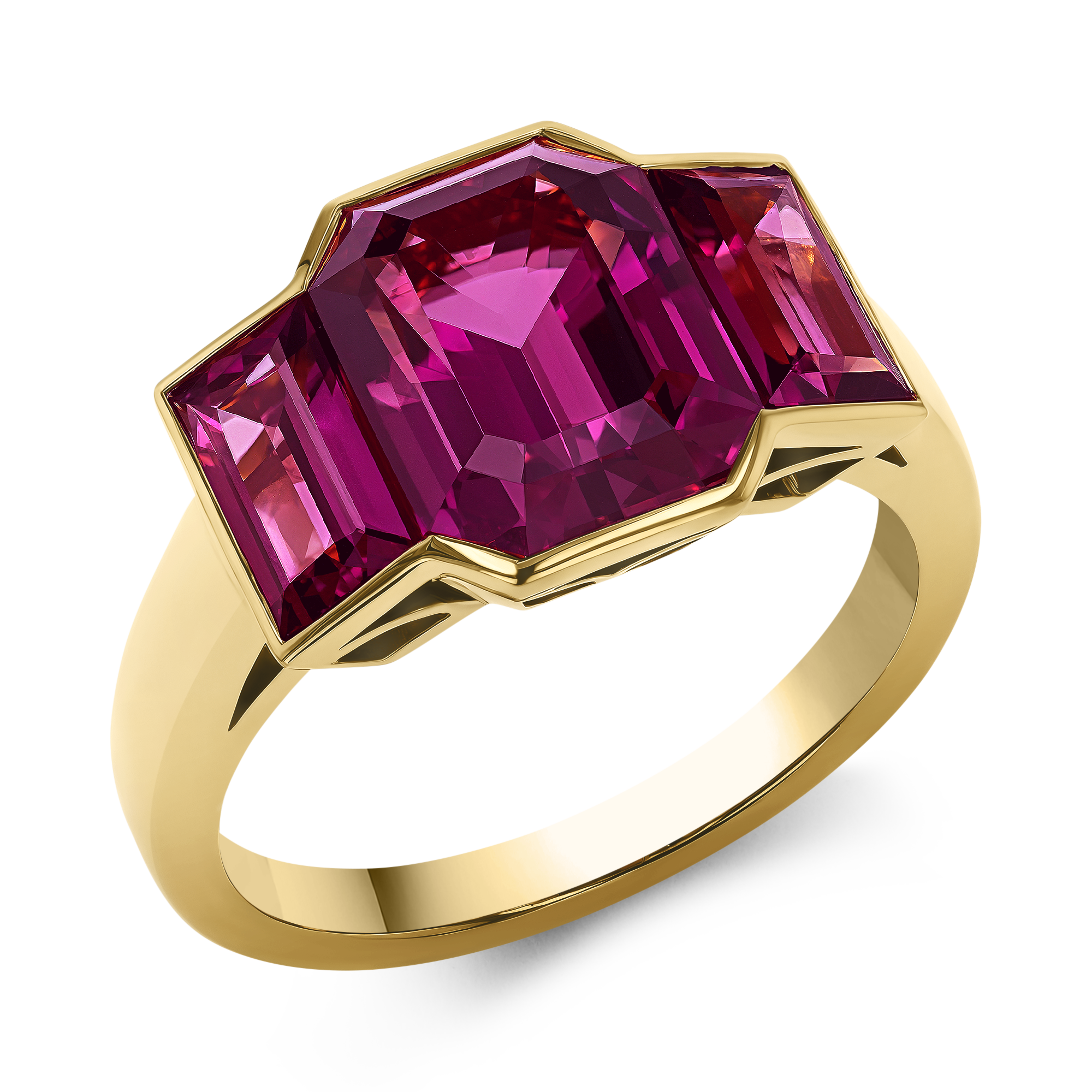 Kingdom 6.22ct Rhodolite Garnet Three Stone Ring Emerald Cut, Rubover Set_1