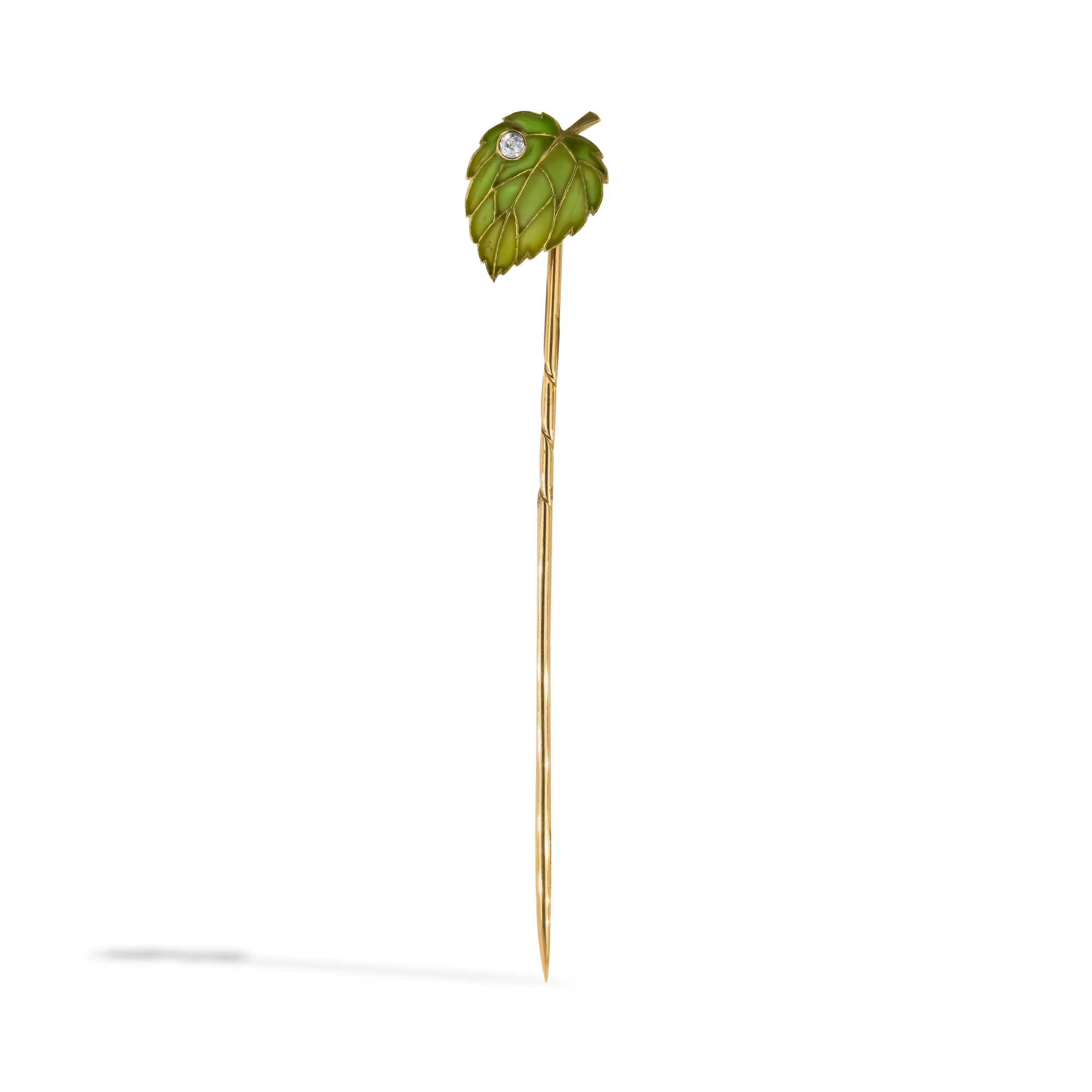 Art Nouveau Diamond Plique a Jour Green Leaf Stick Pin Brilliant Cut, Rubover Set_1